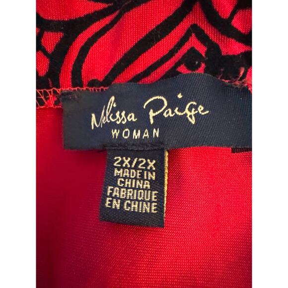 Melissa Paige Women’s Plus 2X Skirt Red Black Brocade Pencil Stretch - Picture 5 of 6